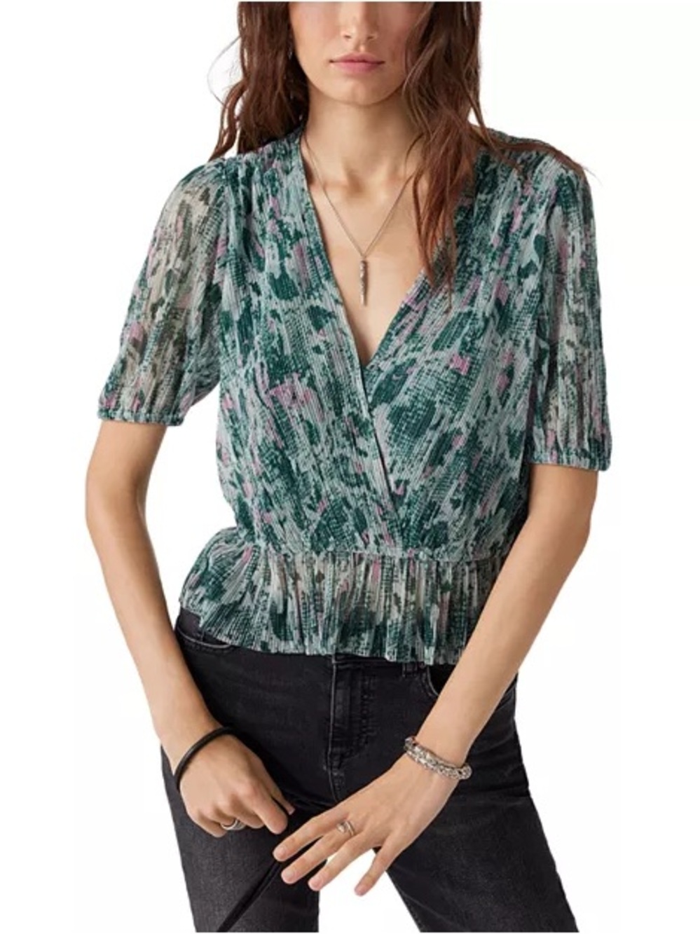 ba&sh Volpy Metallic Wrap Peplum Blouse Green Pink Lurex Sz 1